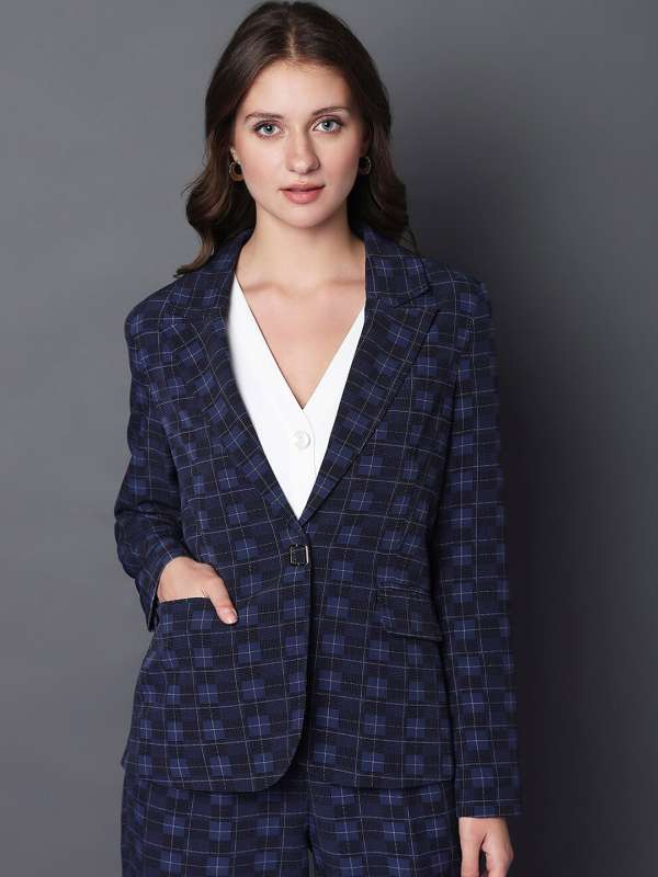Navy Blue Checked Blazer Buy Navy Blue Checked Blazer online in India