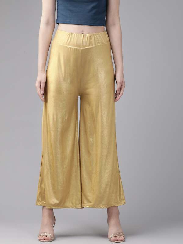 Women Solid Gold Mid Rise Shiny Palazzos
