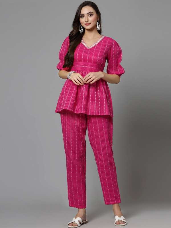Buy PRINTED BLOUSE & WIDE PINK TROUSER SET for Women Online in India