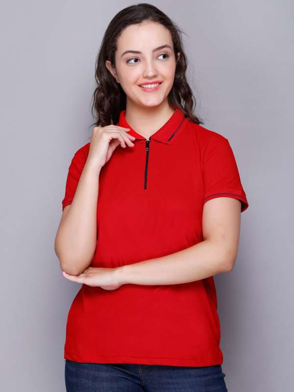 Roadster - By Myntra Casual T-Shirts For Women Red Solid Polo Collar Short  Sleeves Regular Cotton Ready to Wear T-shirt Clothing Top 