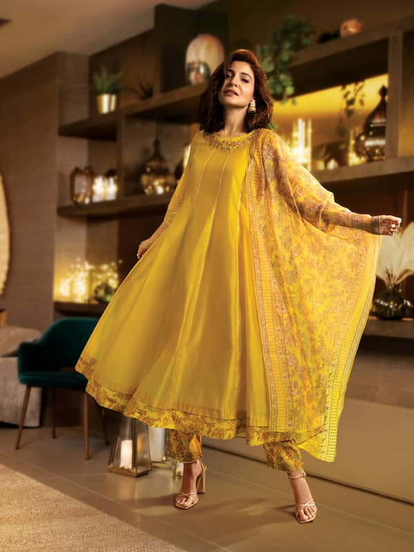 Yellow Stitched Designer Anarkali Lehenga in Rayon with Luck