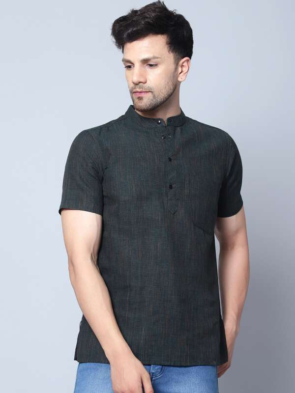 Black Woven Design Premium Cotton Half Sleeve Kurta for Men Online Color  Black SizeKurta 40