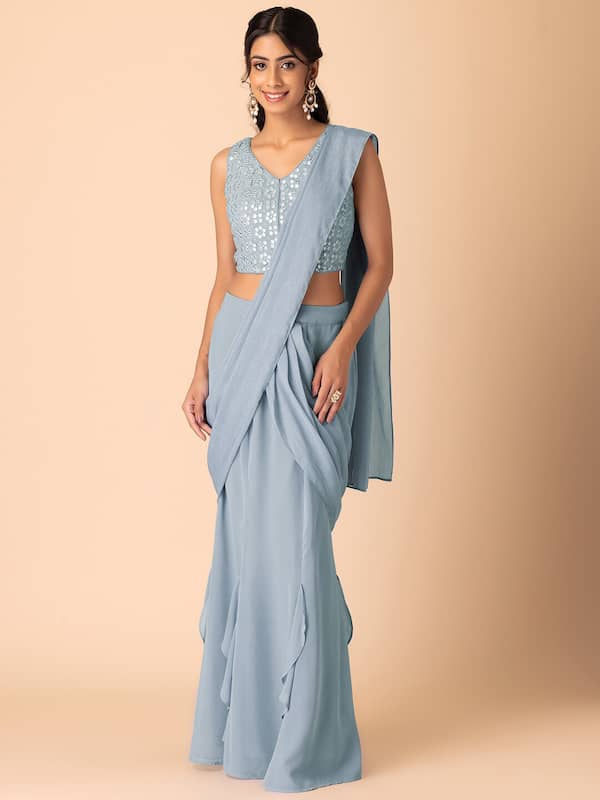 Sage Green Printed Pre-Stitched Saree Set Design by Isha Gupta Tayal at  Pernia's Pop Up Shop 2023