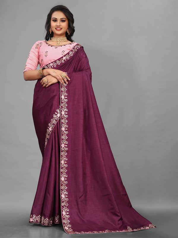 Buy Wine Color Sequined Silk Cocktail Saree With Blouse From Ethnic Plus