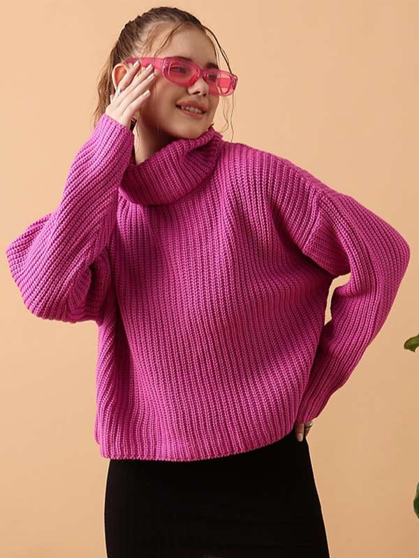 Plus Size Solid Rib Knit Turtleneck Top - Pink