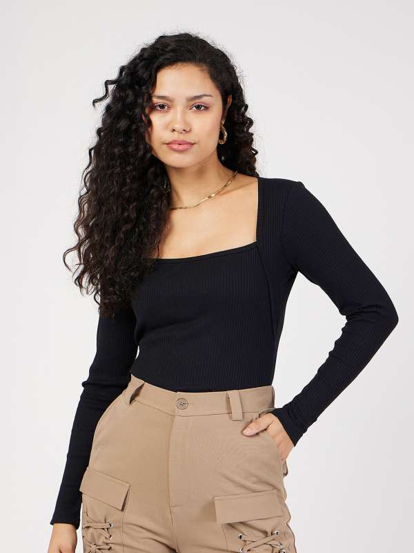 Buy RIB-KNIT BLACK SWEETHEART-NECK CROP TOP for Women Online in India