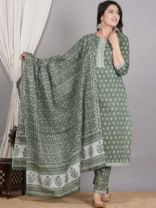 Elegant Green Cotton Alia Cut Anarkali Kurti Set with Gotta Lace