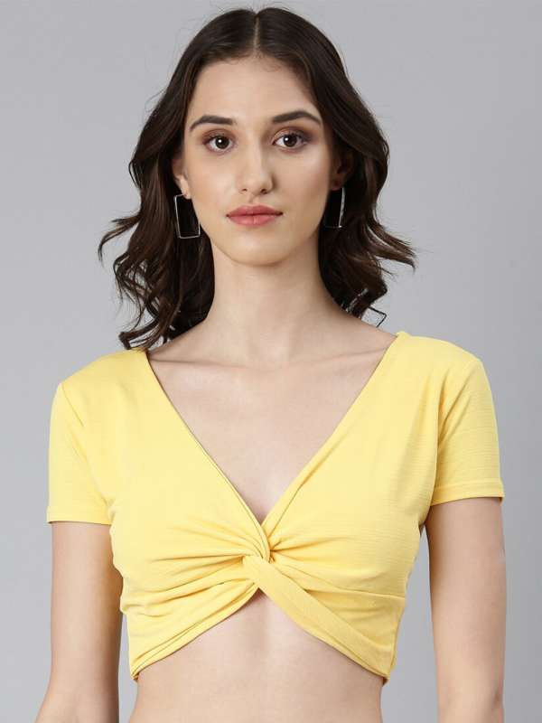 Slashed Short Sleeve Yellow Crop Top, Crop Tops for Women, Cropped