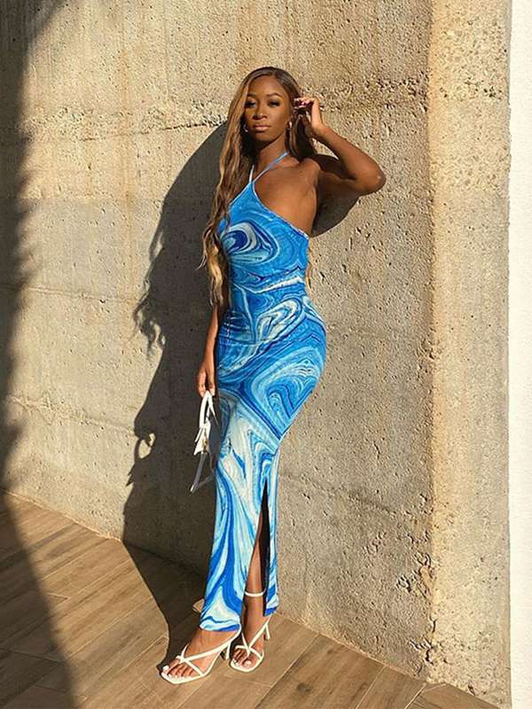 One shoulder deals blue maxi dress