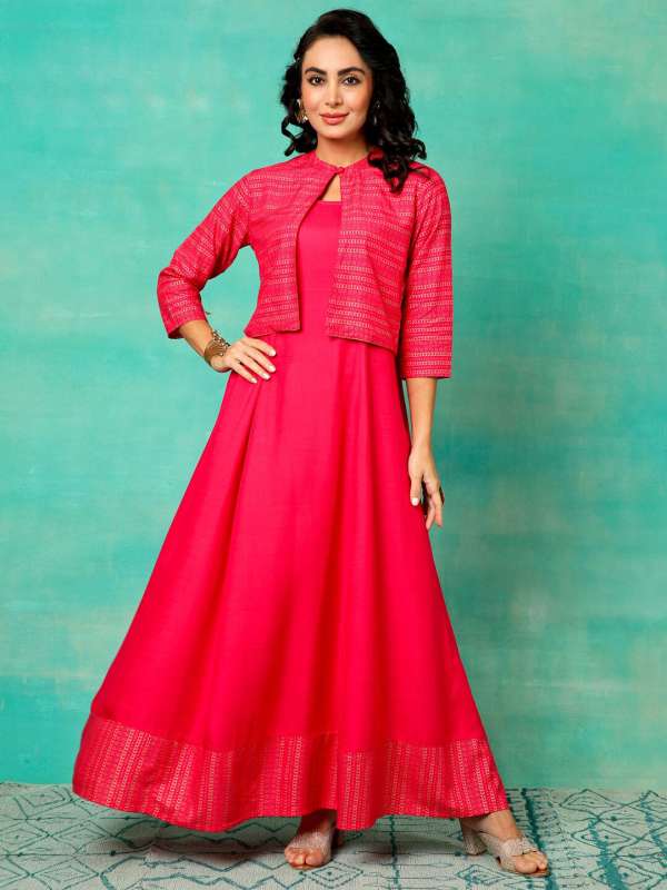 Women Peach Pink V-neck Long Sleeve Georgette Maxi Dress at Rs 724