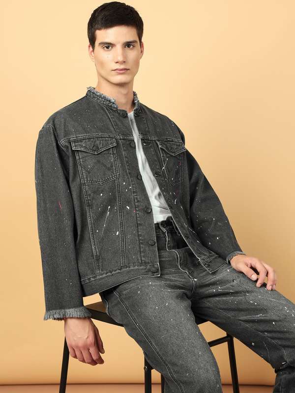 Denim jacket mandarin collar sales