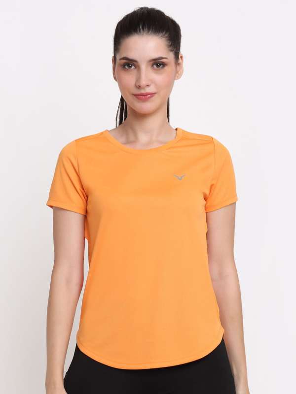 Fitkin women's orange round neck back laser cut design full sleeves t-shirt