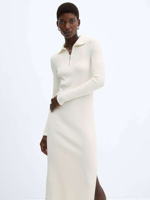 Mango - Knitted Dress with Fringe Design Black - 8 - Women