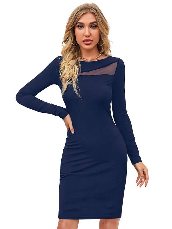 Long Sleeve Bodycon Dress - Scoop Neckline / Velvet / Navy Blue