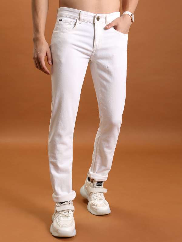 White tapered jeans mens top