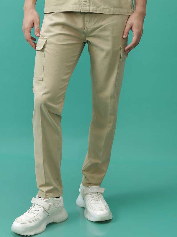 Men Khaki Solid Slim Fit Trousers