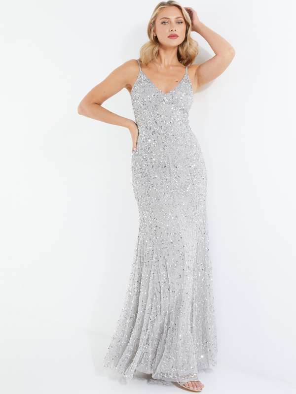 Quiz grey chiffon embellished maxi dress hotsell