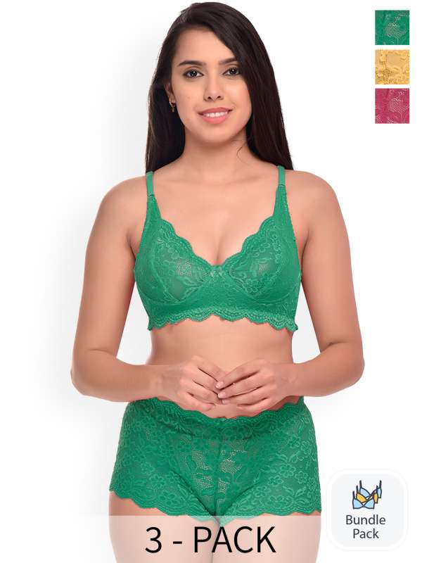 Buy PIBU - Women Cotton Bra Panty Set Honeymoon Full Coverage Non Padded  Hot and Sexy Looking Lingerie Set (Pack of 3) (Color : Red,Black,Green) at
