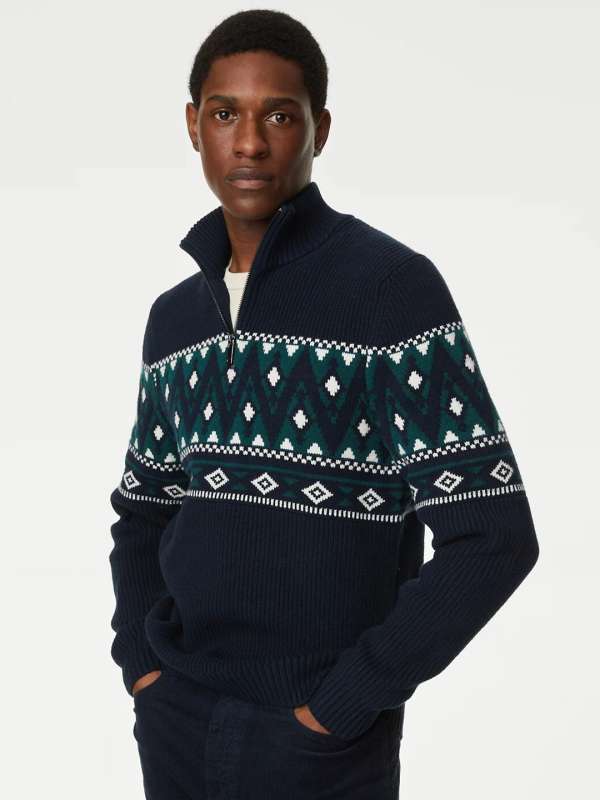 Winter Navy Blue Front Zipper Sweater With Self Buy Winter Navy