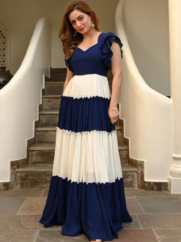 Buy BLUE DRAPE RUFFLED SLIT MAXI DRESS for Women Online in India