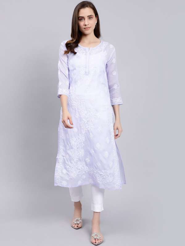 Blue Floral Printed Cotton Kurta with Lucknowi Chikankari Embroidery -  Saffron Threads