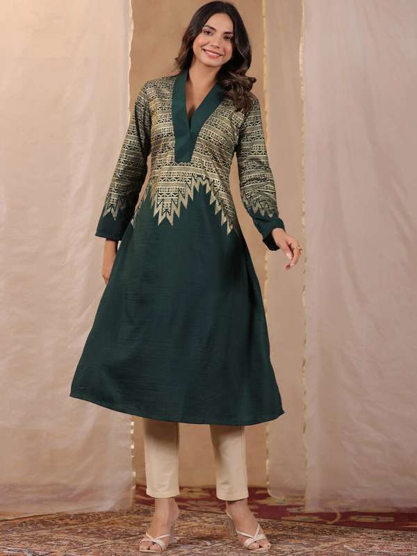 Sangria Short Sleeves Green And Coral Red Color Flared Long Length