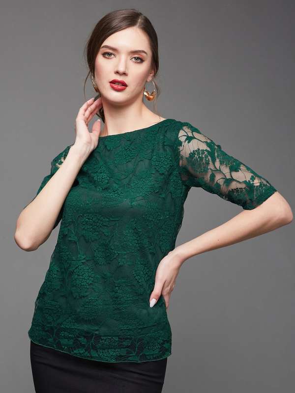 Buy GREEN LACE-TRIM SLIM BLOUSE for Women Online in India