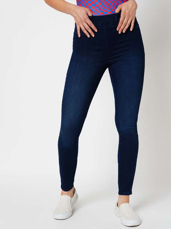 Glonme Ladies Leggings Denim Print Jeggings Solid Color Faux Jeans