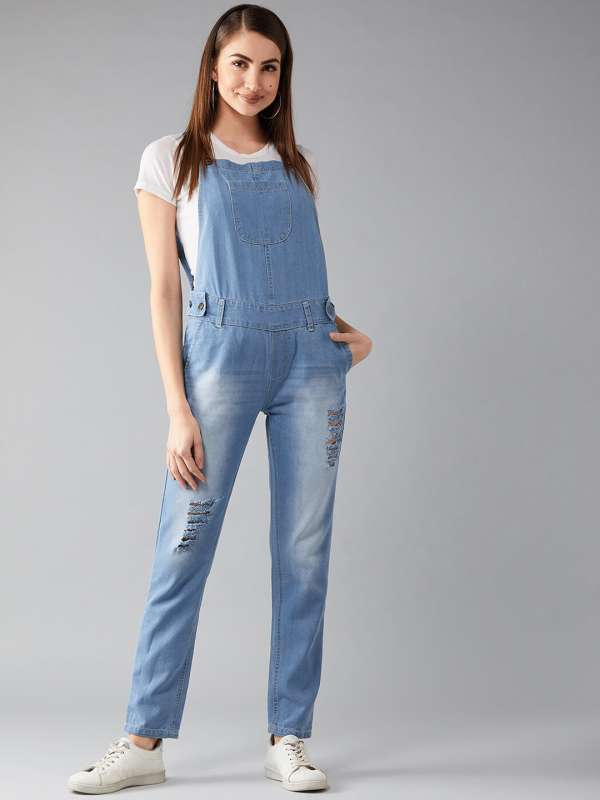 Buy MADAME Navy Solid Denim Womens Ankle Length Dungarees