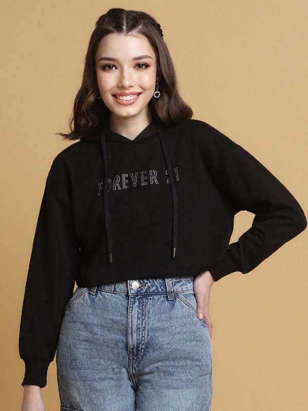 Forever 21 Black Printed Hooded Sweatshirts Buy Forever 21 Black