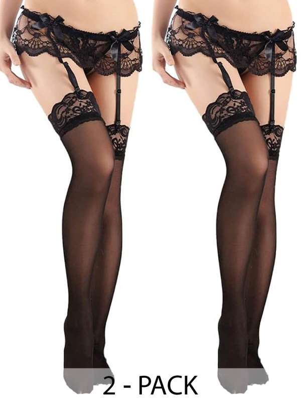 Buy COLOR STYLE Self Design Lace Garter Belt & Sheer Stockings Lingerie Set  With Panty - Stockings for Women 26163824
