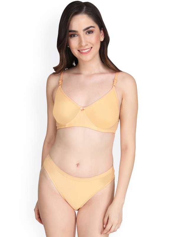 Buy Prettycat Yellow Cotton Blend Bra And Panty Set Solid Lingerie