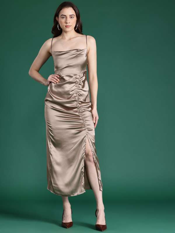 SHEIN One Shoulder Cloak Sleeve Wrap Hem Solid Dress  Copper dress,  Beautiful prom dresses, Brown dresses formal