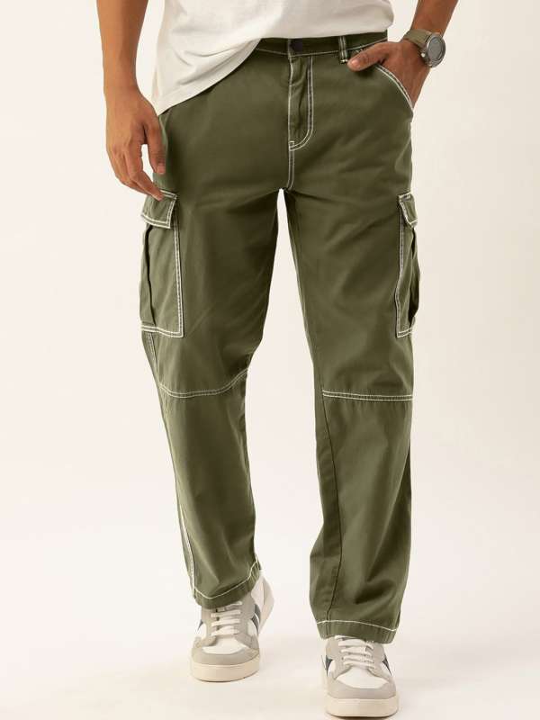 Men's Mid-Waist Zip Cargo Pants Relaxed Fit Solid Cargo Trousers with  Multi-Pocket Fashion Regular Loose Cotton Pant