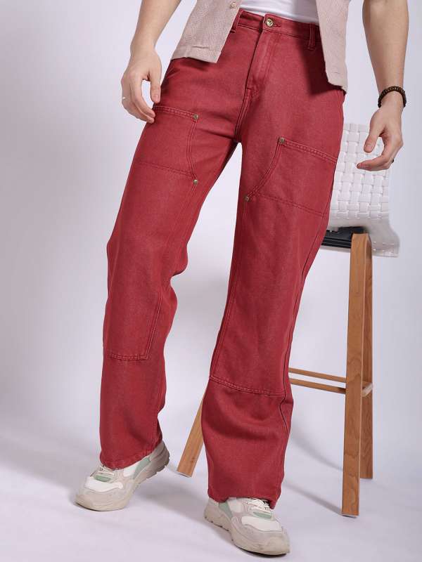 Men's Red Jeans Classic Style Straight Elasticity Cotton Denim Pants  Trousers Red