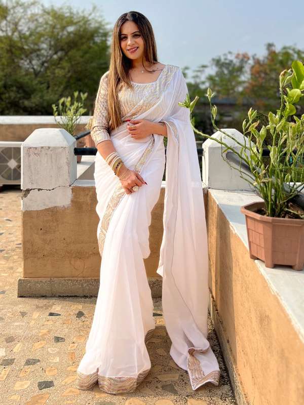 Pure white store saree for wedding