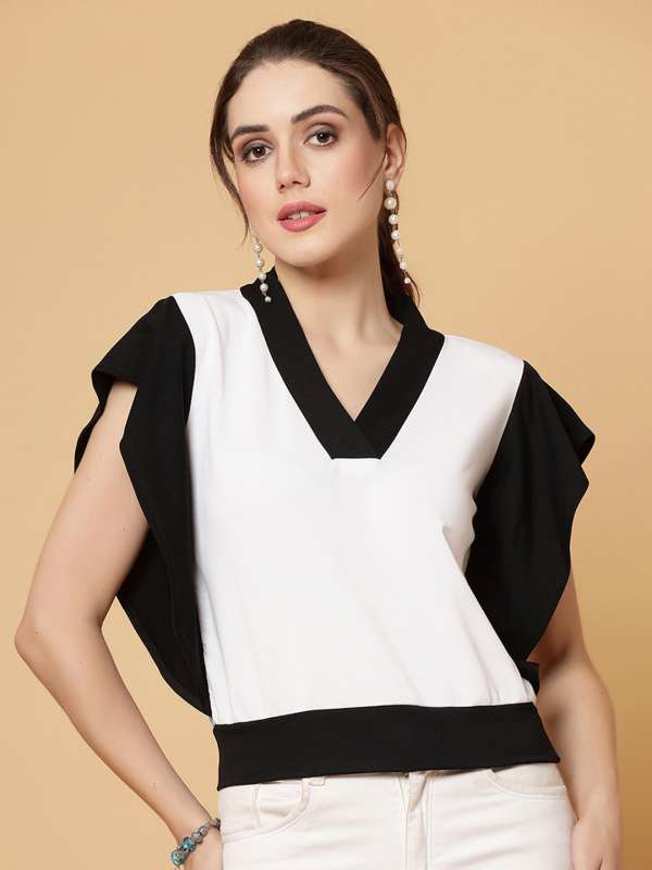 Buy BLACK HOLLOW-OUT V-SHAPED HEM TOP for Women Online in India