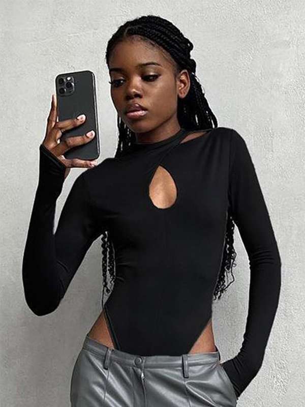 Women Black High Neck Cut Out Front Bodysuit