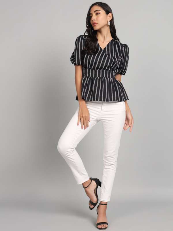 Black Striped Peplum Top Buy Black Striped Peplum Top online in India
