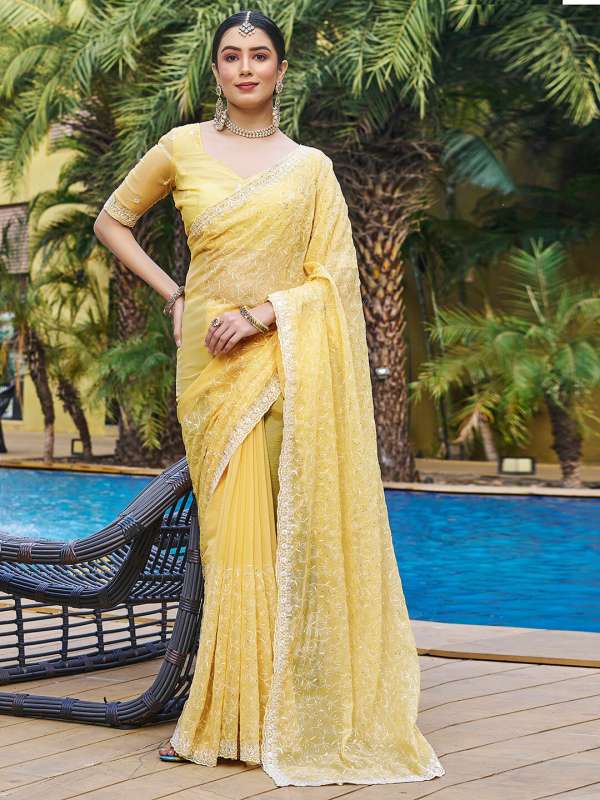 Buy Yellow Sunshine Pure Chiffon Saree online in India at Best Price