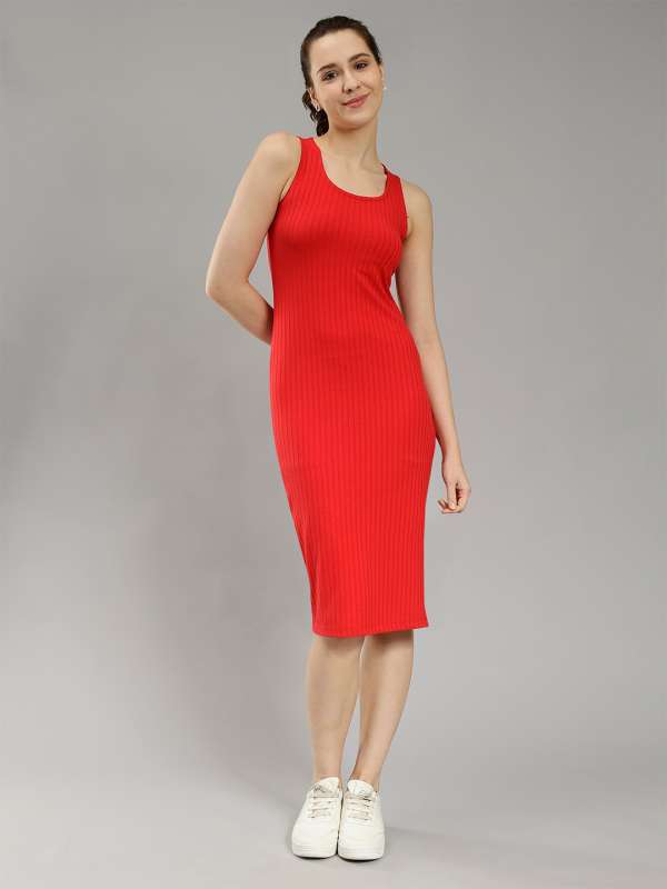 Buy RED U-NECK BELOW-KNEE BODYCON DRESS for Women Online in India