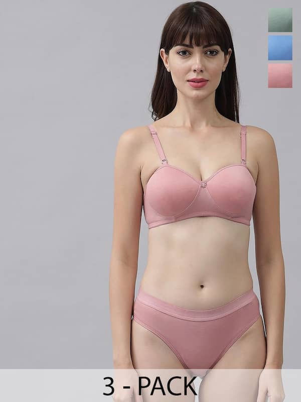 AROUSY Red & Pink Self Pattern Bikini Bra Panty Set - Set Of 3