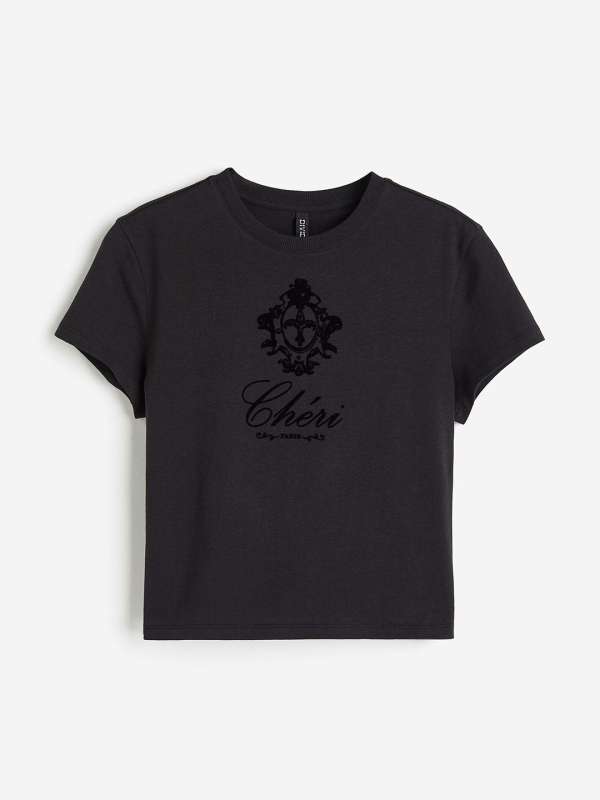 Buy Alcis Women Black White Printed Monochrome Slim Fit T-shirt online