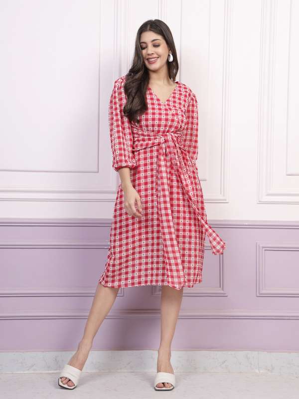 Red white check dress sale