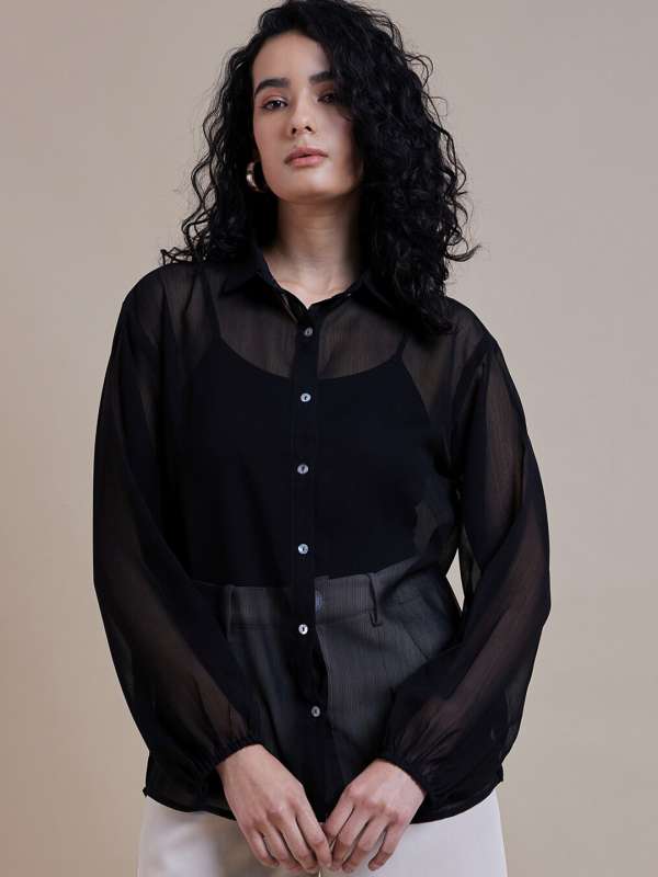 Womens Tops Button Front Sheer Shirt Without Bra (Color : Black, Size :  Medium)