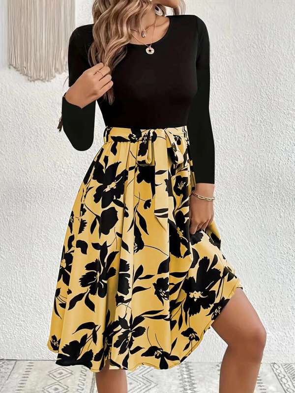 Black dress top with yellow belt