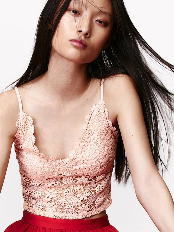Cropped Strapless Lace Corset  Pink lace shirt, Lace bustier top