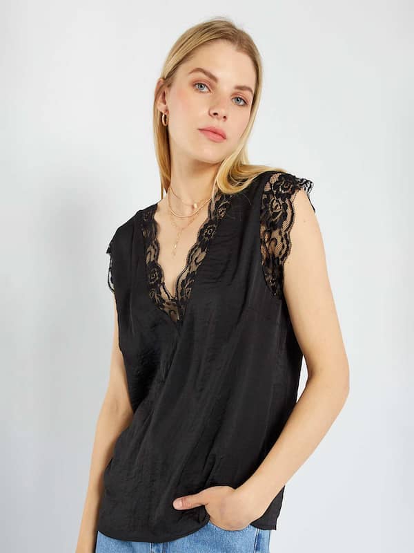 Buy FITTED PLUNGING NECK BLACK LACE-UP TOP for Women Online in India