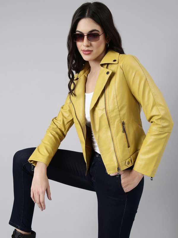 Women's mustard yellow leather jacket on sale