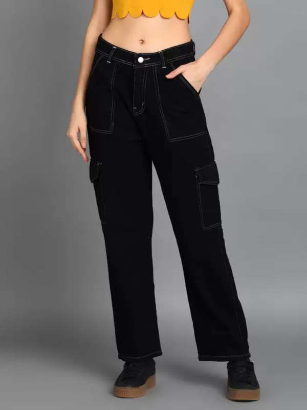 Baggy Jeans,Women's High Waist Cargo Black Jeans 6 Pocket Wide Leg